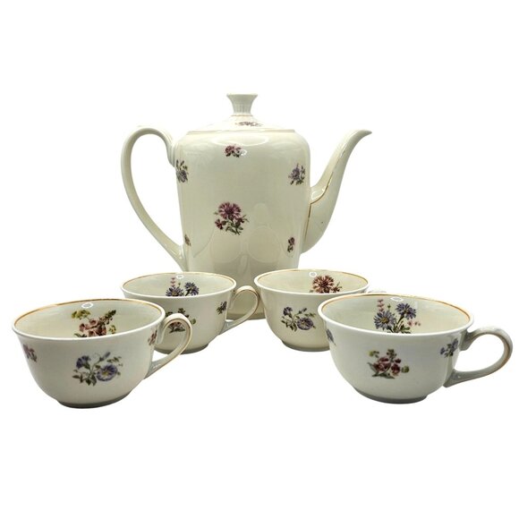 Zeh Scherzer Bavaria 60 Jahre Floral Tea Set Teapot 4 Cups Vintage Porcelain - Picture 1 of 16